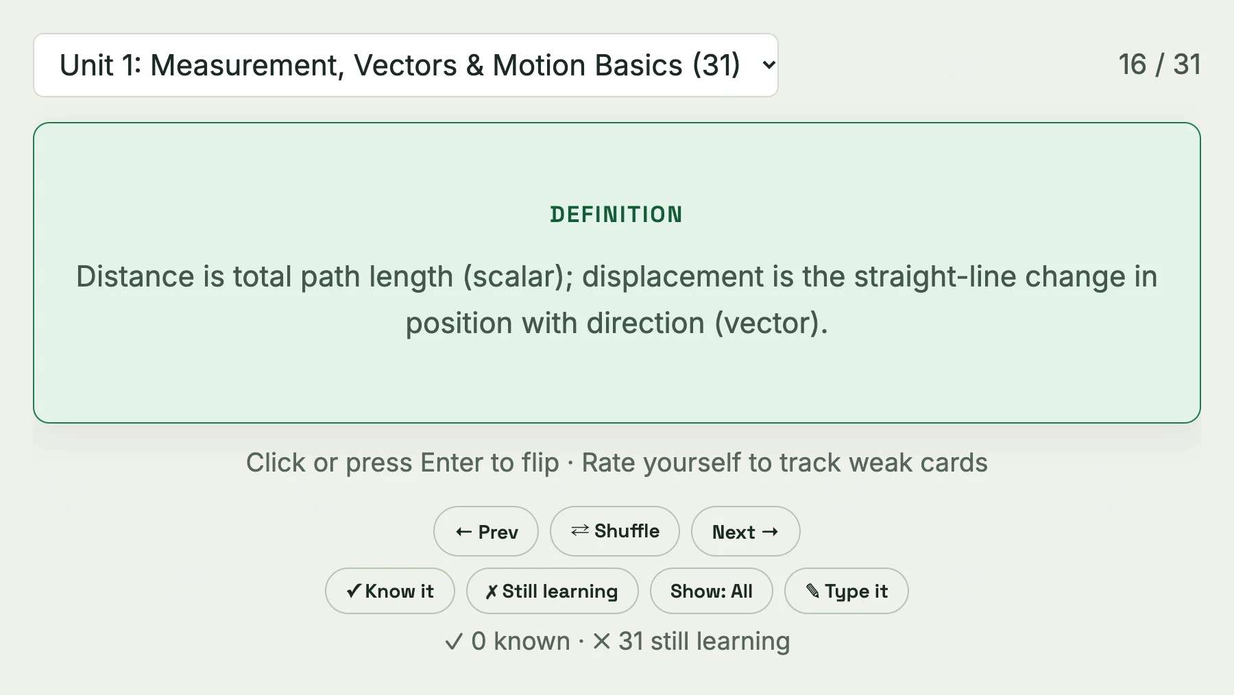 A Physics flashcard flipped to the definition of distance versus displacement, with buttons to rate it Know it or Still learning.