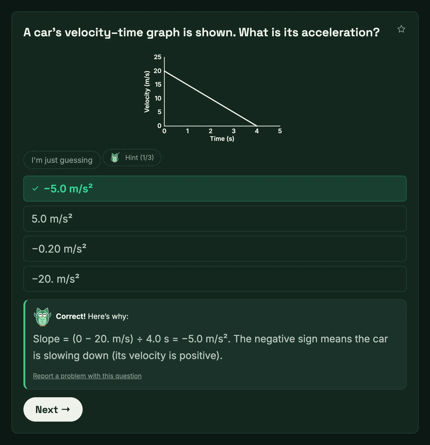 A Physics quiz question with a velocity–time graph, answered correctly: the right choice is highlighted and Sage explains the slope calculation, −5.0 m/s².